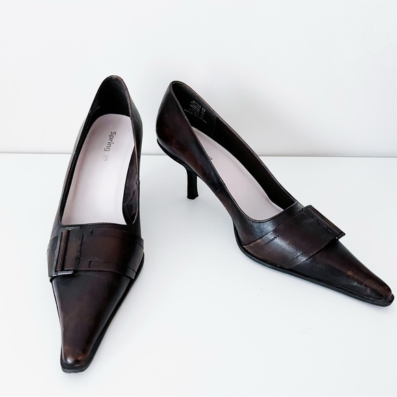 Spring Genuine Leather Brown Buckle Detail Heels - Picture 1 of 5